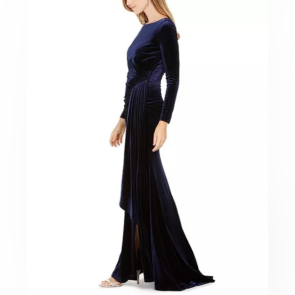 VINCE CAMUTO Navy Blue Ruched Velvet Formal Gown or Dress Sz 4 w/ Side Slit - Picture 2 of 12